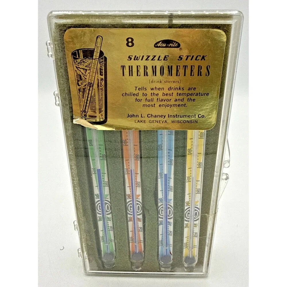 Vintage AcuRite Thermometers Swizzle Sticks Set Of 8 W/Original Box